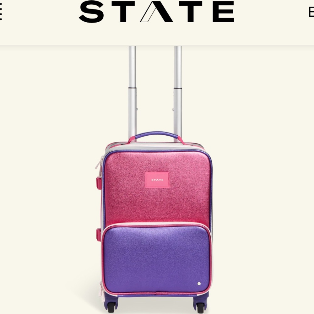 State Bags Mini Logan kids carryon 4 wheel roller suitcase, metallic pink/purple